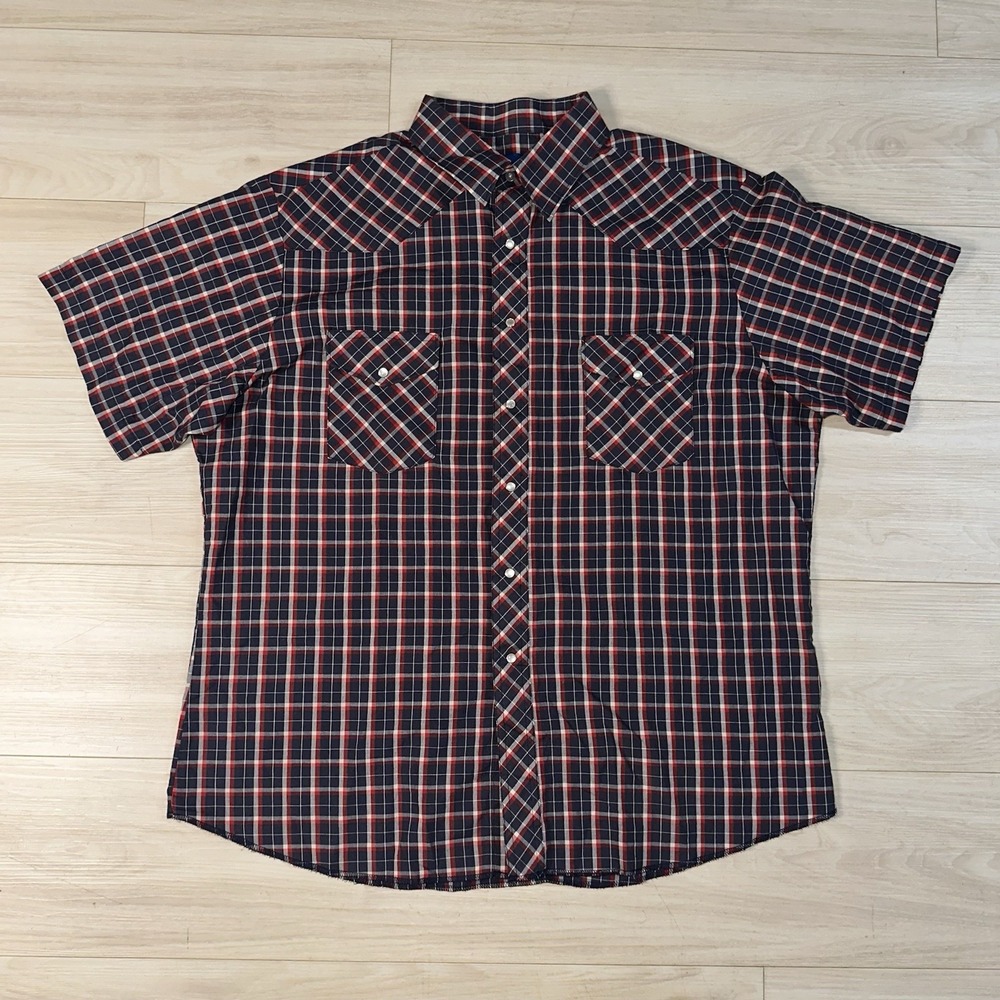 VTG Wrangler Pearl Snap Button‎ Up Shirt Mens Large Red Plaid Western Cowboy